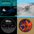 Four distinct pixelated images arranged in a 2x2 grid: top-left teal gradient, top-right light gray with dark smudge, bottom-left dark circular shape with white rectangle, bottom-right red-orange sphere on brown background.