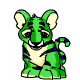 Green cartoon animal with cream-colored ears and chest, small dark spots on body, sitting in various poses
