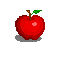 Six pixelated red apples with brown stems and green leaves on a gray background, each showing different light effects.