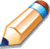 A pixelated pen with a blue tip, orange barrel, and red cap, angled diagonally on a white background.