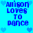 Blue pixelated text 'Allison loves to dance' repeated four times on a bright cyan background with scattered light blue heart icons.