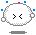 A 4-frame animated contact sheet of a pixelated white circular character with gray outline, showing facial expression changes across frames against a gray background.