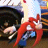 Pixelated static image of a red cartoon character in dynamic pose with blue and white accents against dark background, likely from Looney Tunes franchise.