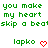 Green pixelated text reads "you make my heart skip a beat" with red heart symbols and "lapko" below, all on white background.
