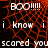 Animated icon with red and black patterned background displaying repeated text "BOO!!!!! i know you scared" in white pixelated font.