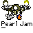 Animated contact sheet of 8 pixel art frames showing a cartoon character in various poses and color variations with repeated text "Pearl Jam" below each frame.