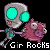 Animated contact sheet of a cartoon character with large teal eyes and pink hair holding a purple object, displayed in 14 frames across a 4x4 grid on black background.