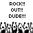 Pixelated black-and-white animation of multiple figures with raised arms beneath text reading ROCK!! OUT!! DUDE!!!
