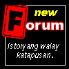 Four display a black background with 'new forum' text and 'Istoryang walay katapusan.' in white, each with a colored 'F' icon (red, green, cyan) and a gray