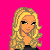 Pixel art contact sheet showing a character with blonde hair, black star-patterned pajamas, and text phrases arranged in a 4x4 grid on bright pink background.