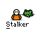 Animated contact sheet of a pixel art buddy icon showing sequential frame changes with a stick figure character and green clover-like object against gray background.