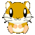 Pixelated hamster with orange-brown fur, white cheeks and belly, pink paws, black whiskers, large eyes in open state on left side.