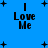 Blue background with black text "I Love Me" and scattered plus signs in a pattern