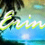 Animated beach scene with palm trees and water, featuring a stylized name in neon-like script that changes color from green to yellow.