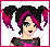 Pixel art of a character with black and pink pigtails, blue eyes, and a gray top with pink accents; text "DIE PREPS DIE" in alternating red and black letters.