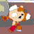 Pixelated cartoon character with orange hair, white earmuffs, red pants, and brown top in multiple poses against brown background.