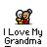 A 3x3 contact sheet of a pixel art animated icon showing an elderly woman holding a child, with text variations across frames including "I LOVE YOU" and "GRAMMY" in speech bubbles above the characters.