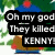 Pixelated image with black text box displaying 'Oh my god They killed KENNY!' over a blurred background with green, blue, and red elements.