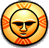 Pixelated circular icon featuring a stylized face with closed eyes, orange and yellow color scheme, and red patterned accents on a gray background.