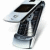 Three side-by-side views of a silver and black flip phone with screen displaying blue background, red object, and dark shapes.