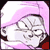 Pixelated static image of a character with light purple hair, closed eyes, and a neutral expression against a pink background.