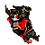 A 4x3 contact sheet of a pixelated animated character in various running poses with red accents and black armor-like details on a gray background.