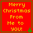 Red square with green border displays yellow text 'Merry Christmas From Me to you!' and small green tree icon in bottom-right corner.