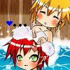 Two anime-style characters in a hot spring: one with red hair and green eyes submerged in water, another with blonde hair and closed eyes resting on their head.