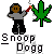 Pixel art of a figure holding a red object near a large green cannabis leaf, with 'Snoop Dogg' text below.