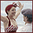 Animated contact sheet of five frames showing a woman in a red-and-white striped swimsuit and a man in a white shirt, with text about love appearing across the panels.