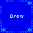 Blue background with four 'Drew' text labels and cyan pixelated star and line patterns arranged symmetrically.