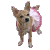 Animated buddy icon featuring a small brown dog with upright ears and black eyes, holding a pink circular object in its mouth against a gray background.