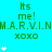 Cyan background with green text repeating 'Its me! M.A.R.V.I.N.M.A.R.V.I.N. xoxo' and white star symbols in a pattern