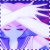 Anime-style character with closed eyes and crossed arms, wearing a blue sailor uniform with white trim, set against a purple and pink gradient background.