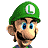 Pixelated character with green cap featuring white 'L' emblem, brown skin, blue eyes, black mustache, and visible ear against gray background.