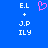 Blue background with white text 'E.L', '+', 'J.P', 'ILY' arranged vertically on both sides of a pink pixelated heart symbol.
