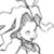 Static grayscale pixel art of a stylized character with flowing hair and abstract shapes, rendered in low resolution on a white background.