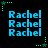 Blue text 'Rachel' repeated in a pattern with green star accents on black background