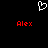 Pixelated white heart symbol above two red 'Alex' text instances on black background.