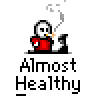 A 4x3 contact sheet of a pixel art animation showing a stick figure smoking while exercising on an elliptical machine, with the text "Almost Healthy" below each frame.