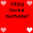Red background with pixelated text 'lizzy loves michelle!' and heart symbols in pink and white.