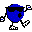 Blue pixelated character with black sunglasses, white shoes, and blue-and-white hands in walking animation sequence.