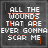A 4x3 contact sheet of animated frames showing a repeating text-based animation with red and white pixelated text on dark gray backgrounds, each frame displaying the phrase "ALL THE WOUNDS THAT ARE EVER GONNA SCAR ME" with varying text highlighting.