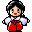 Pixel art character in traditional red and white clothing with black hair, shown across six poses on gray background.
