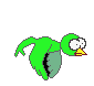 Green cartoon bird with white eyes and yellow beak in nine sequential poses showing wing and body movement against gray background.