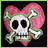 Pixelated skull with crossbones inside a pink heart on black background, transitioning to blurred version on green background.