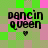 Four identical pixelated 'dancin queen' text icons with small heart symbols, arranged in a on a green and pink checkered background