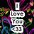 Pixelated icon with stacked text reading "I Love You" and a heart symbol, surrounded by colorful abstract shapes on black background.