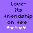 Purple background with black pixelated text reading 'Love-its friendship on fire' and five white plus signs below, where the third plus sign alternates between white and light purple.