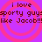 Purple background with four pink spiral patterns and repeated pixelated text reading "i love sporty guys like Jacob!!!" in dark brown.